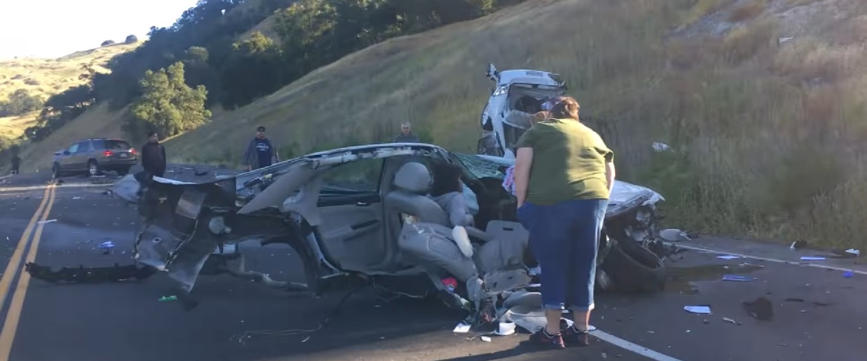 Car Split in Half by Head-On Highway Collision