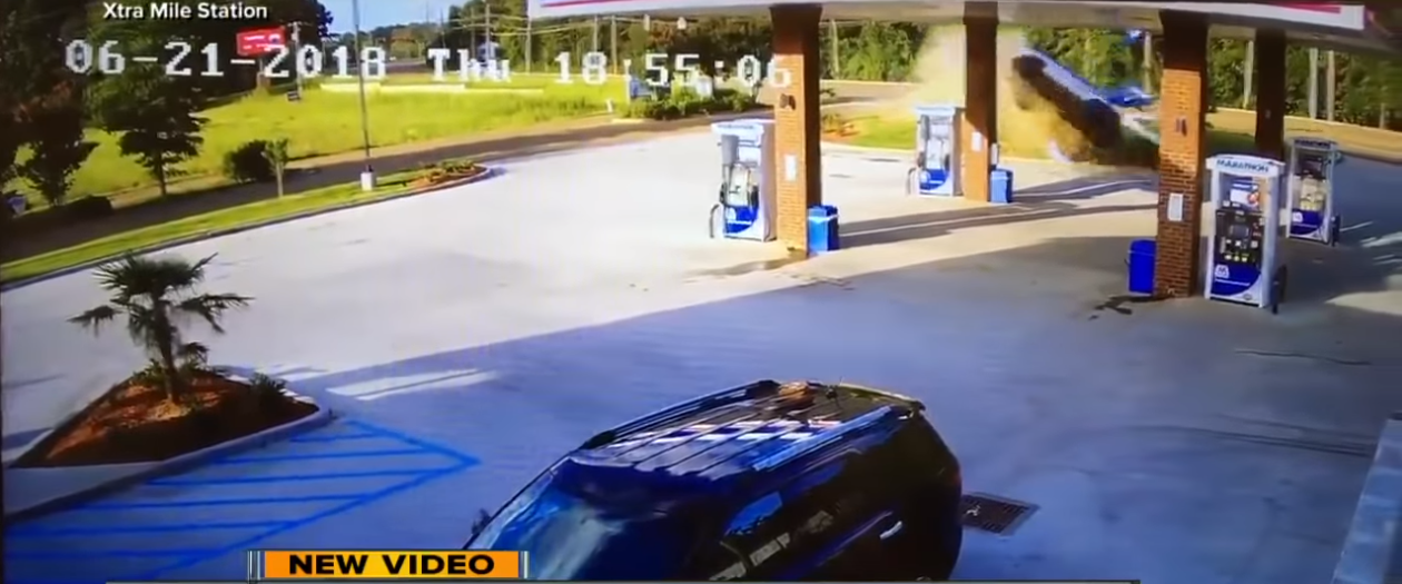 Woman Launches Car Airborne, into Gas Station